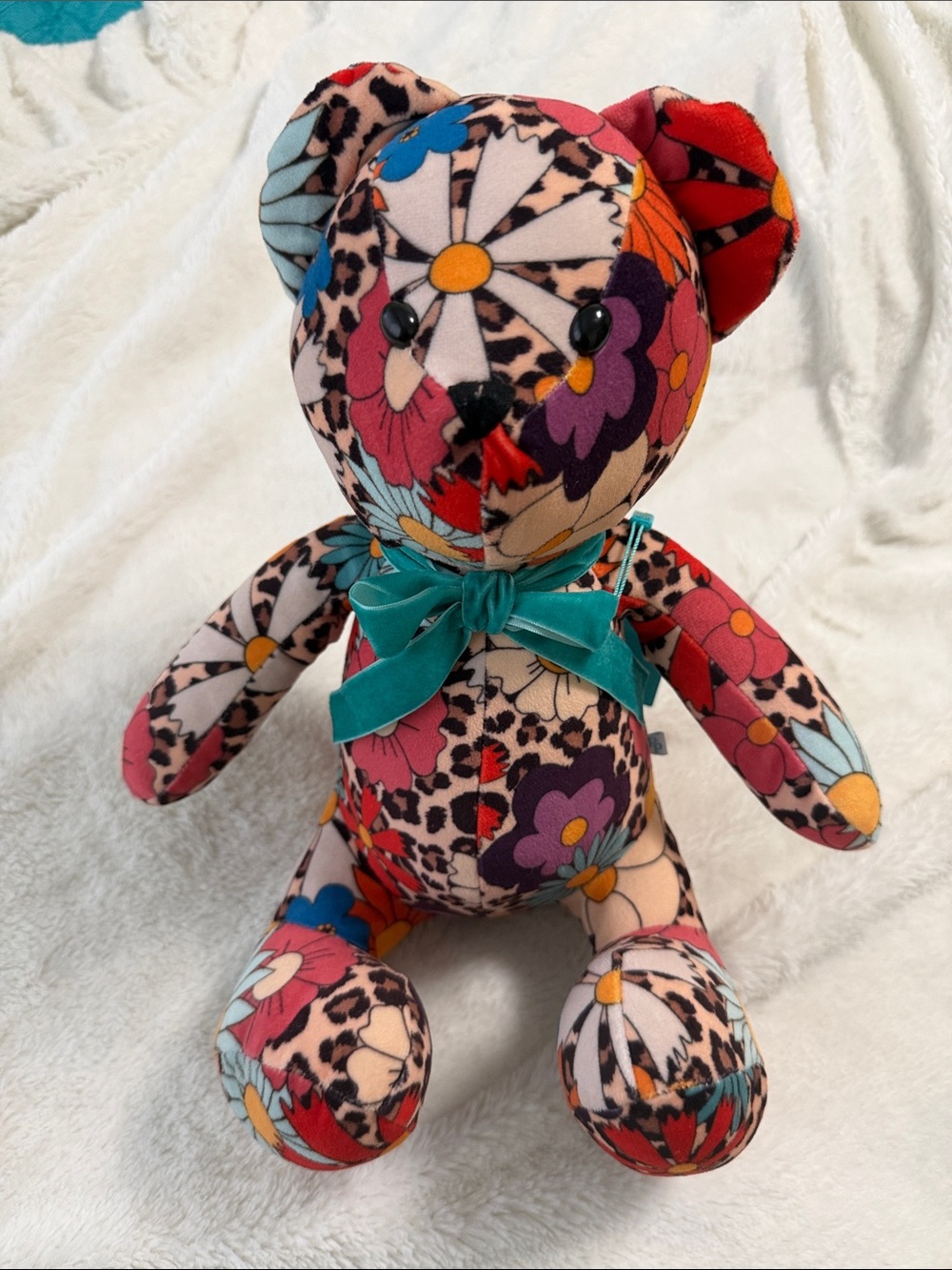 Posh Peanut Moonbeam Floral Patchwork Plush Bear with Teal Bow